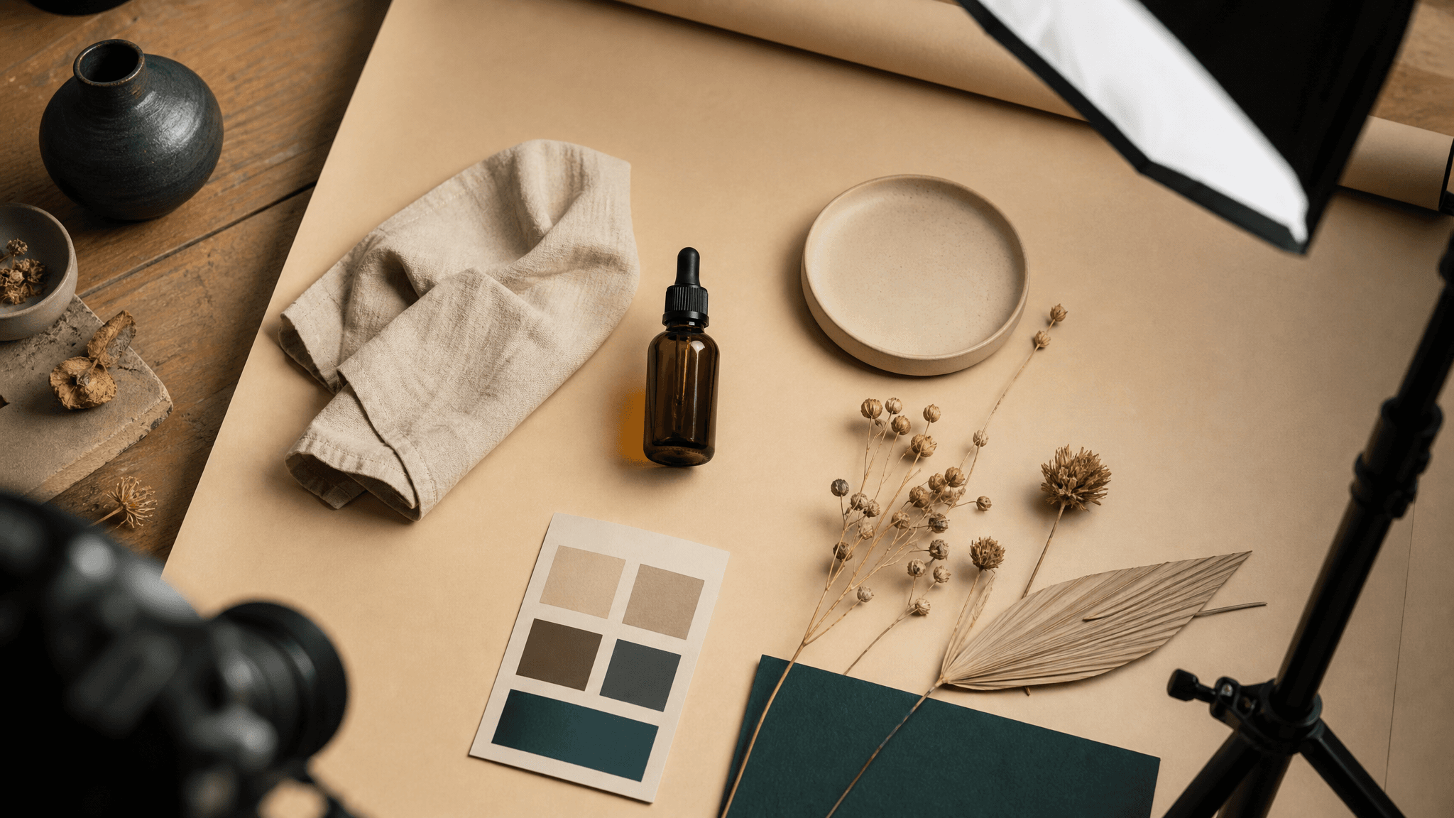 Overhead flatlay of a product photography studio bench with unbranded objects