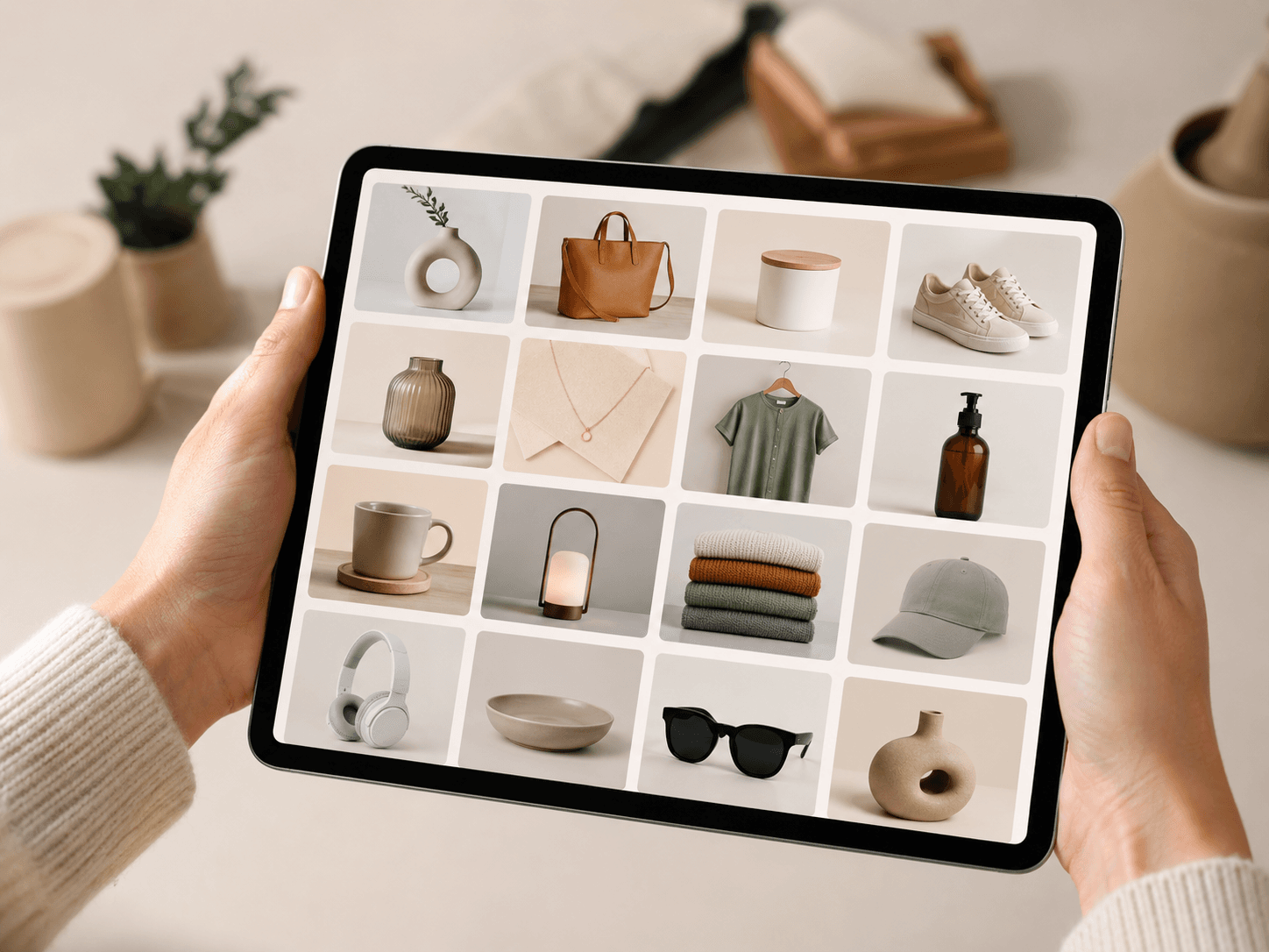 Hands holding a tablet showing a gallery of product tiles